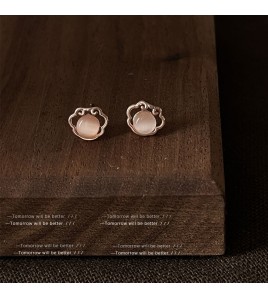 HELN124100376 如意平安長命鎖玻璃貓眼石925銀針迷你版玫瑰金耳釘女 新款耳飾