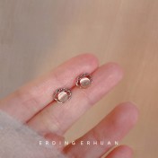 HELN124100376 如意平安長命鎖玻璃貓眼石925銀針迷你版玫瑰金耳釘女 新款耳飾