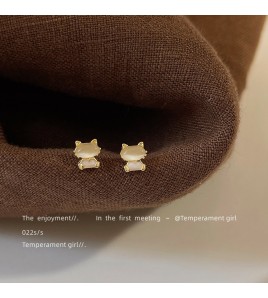 HELN124100377 迷你可愛小貓咪925銀針鍍14K耳釘小清新耳飾簡約百搭小飾品女