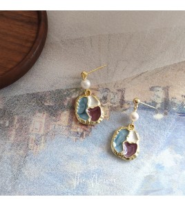 HELN124100378 油畫感復古港風不規則拼色淡水珍珠耳環女法式小眾氣質時尚耳飾