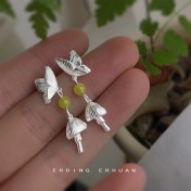 HELN124100380 設計師款~森系小清新甜美可愛蝴蝶小蘑菇天然石耳環925銀針耳飾女