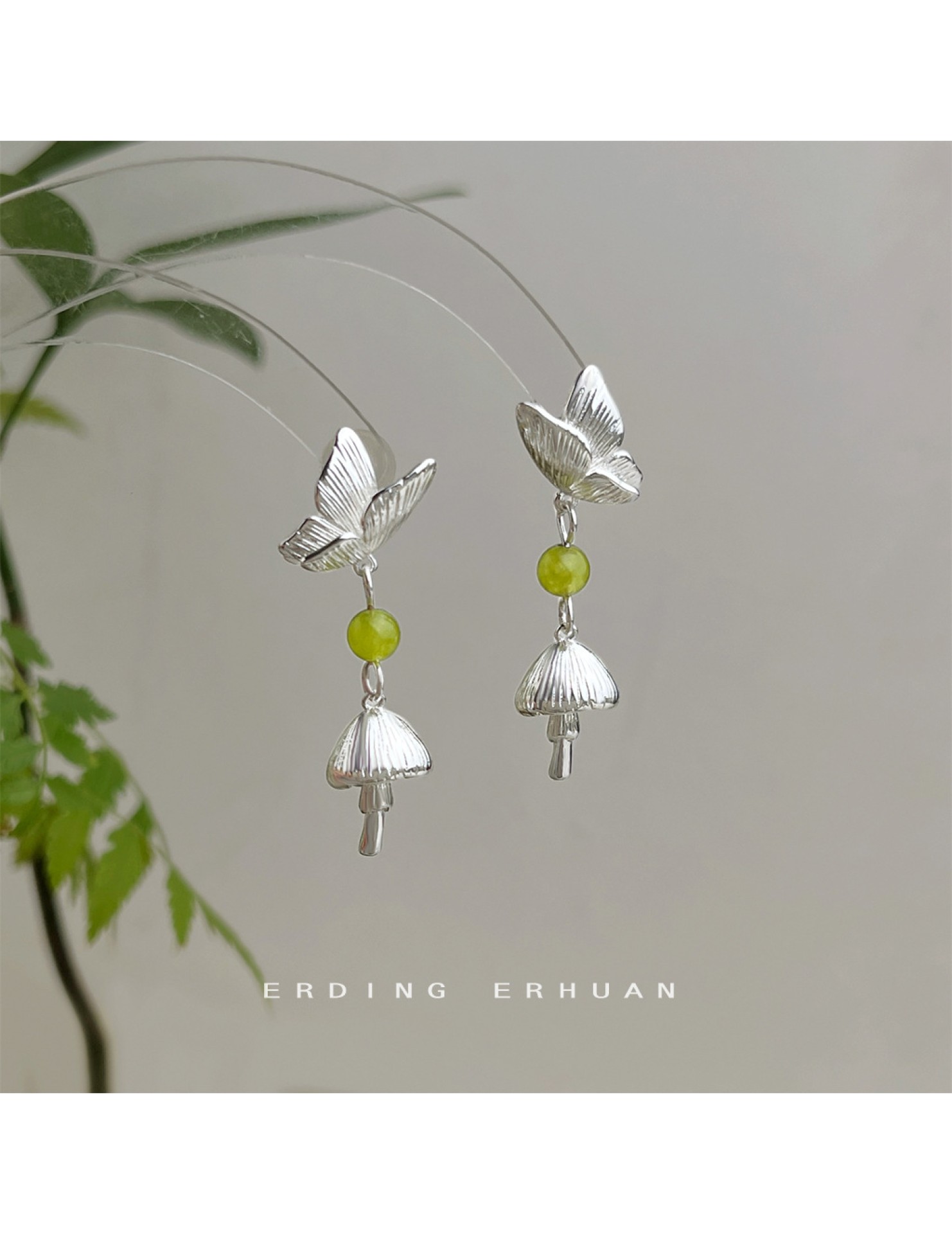 HELN124100380 設計師款~森系小清新甜美可愛蝴蝶小蘑菇天然石耳環925銀針耳飾女