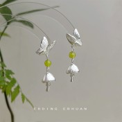 HELN124100380 設計師款~森系小清新甜美可愛蝴蝶小蘑菇天然石耳環925銀針耳飾女