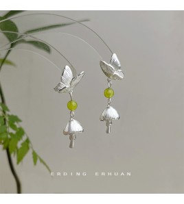 HELN124100380 設計師款~森系小清新甜美可愛蝴蝶小蘑菇天然石耳環925銀針耳飾女