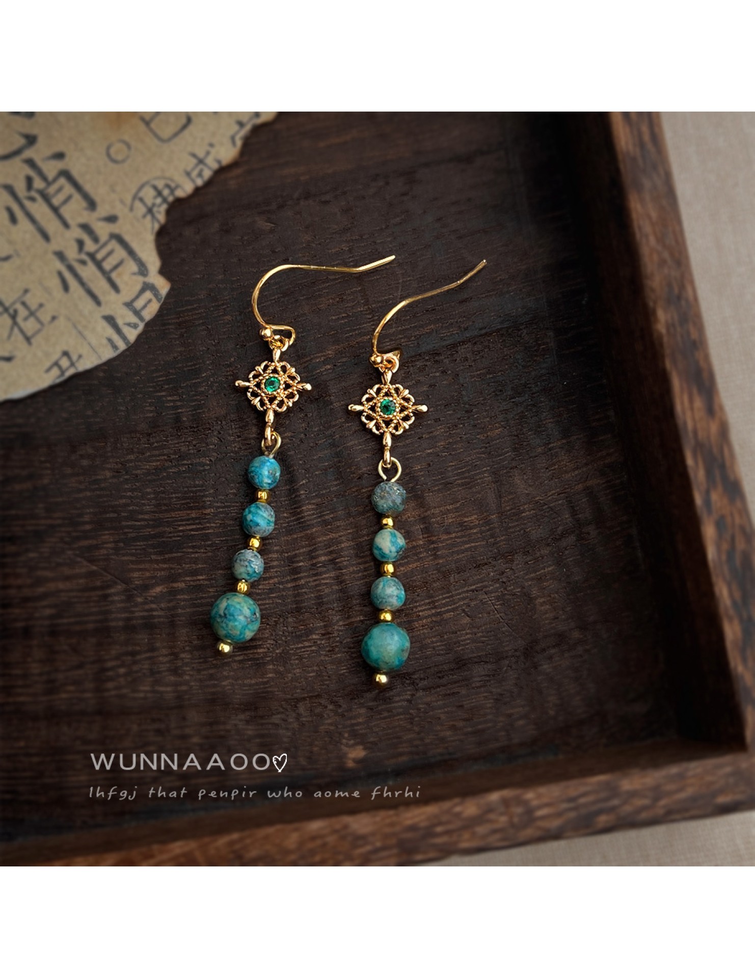 HELN124100381 復古新中式長款合成松石石手工流蘇耳環氣質新款飾品