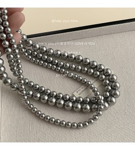 HELN124100383 珍珠質感正圓高級感小眾真多麻灰色珍珠項鏈氣質輕奢風頸鏈女