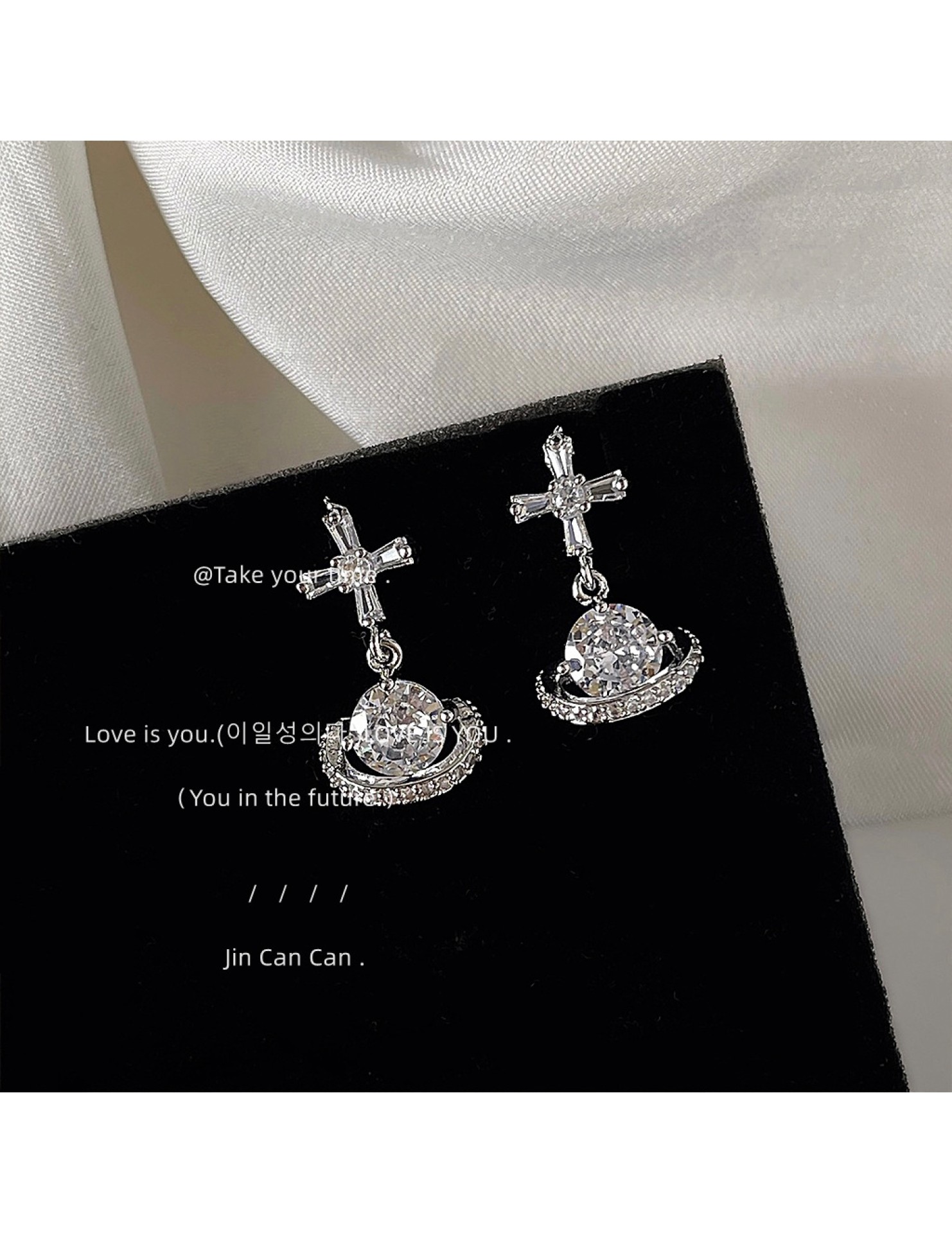 HELN124100384 微鑲鋯石實物超閃~個性星球甜酷風925銀針耳釘 耳環女