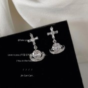 HELN124100384 微鑲鋯石實物超閃~個性星球甜酷風925銀針耳釘 耳環女