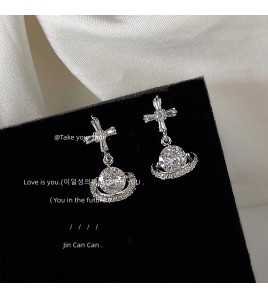 HELN124100384 微鑲鋯石實物超閃~個性星球甜酷風925銀針耳釘 耳環女