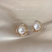 HELN124100385 淡水珍珠微鑲鋯石925銀針鍍14K幾何交叉個性耳釘簡約耳飾耳環