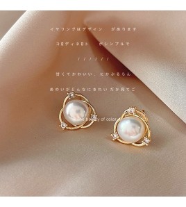 HELN124100385 淡水珍珠微鑲鋯石925銀針鍍14K幾何交叉個性耳釘簡約耳飾耳環