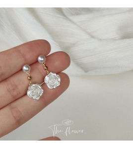 HELN124100389 [山茶花]925銀針手作設計感珍珠花耳釘女日韓甜美耳環