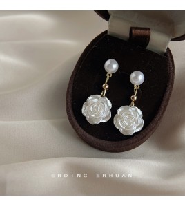 HELN124100389 [山茶花]925銀針手作設計感珍珠花耳釘女日韓甜美耳環