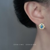 HELN124100390 海藍寶時尚高級感幾何微鑲鋯石琺瑯滴釉925銀針 耳釘