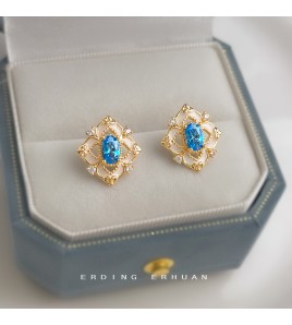 HELN124100390 海藍寶時尚高級感幾何微鑲鋯石琺瑯滴釉925銀針 耳釘