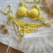 HSPN129100002 【奶油泡芙】新款荷葉邊少女小奶黃純欲比基尼三件套溫泉度假泳衣