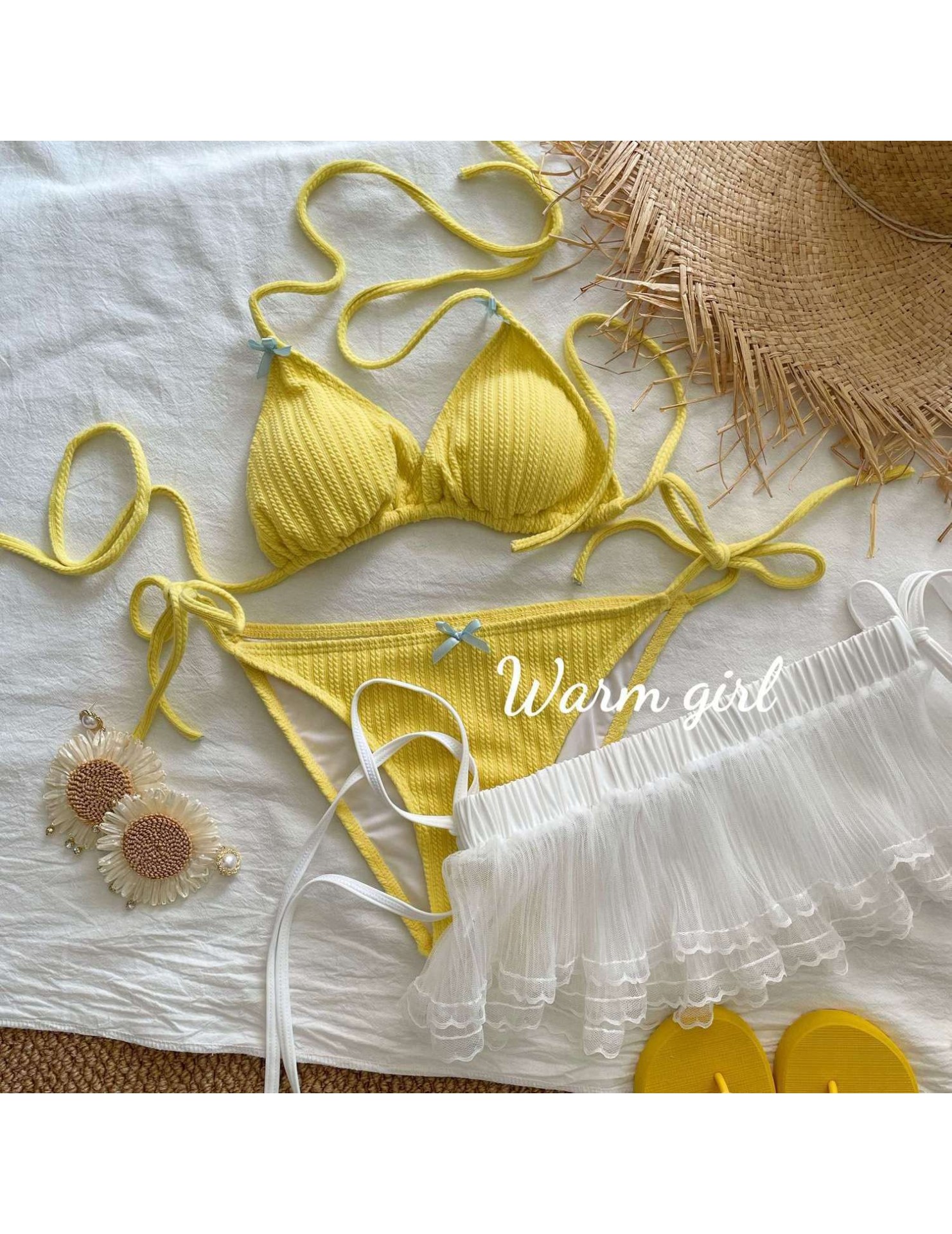 HSPN129100002 【奶油泡芙】新款荷葉邊少女小奶黃純欲比基尼三件套溫泉度假泳衣