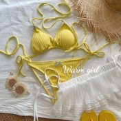 HSPN129100002 【奶油泡芙】新款荷葉邊少女小奶黃純欲比基尼三件套溫泉度假泳衣