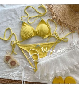 HSPN129100002 【奶油泡芙】新款荷葉邊少女小奶黃純欲比基尼三件套溫泉度假泳衣