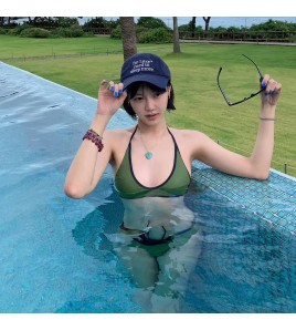 HSPN129100003 橄欖綠撞色黑邊掛脖分體泳衣度假溫泉高顏值島嶼出片