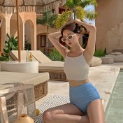 HSPN129100004 海鹽蘇打水吊帶高腰三角褲分體遮肉顯瘦海邊度假泳衣高顏值顯白