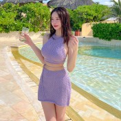 HSPN129100005 豆沙綠韓系掛脖鏤空比基尼四件套遮肉顯瘦高顏值度假分體泳衣