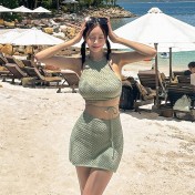 HSPN129100005 豆沙綠韓系掛脖鏤空比基尼四件套遮肉顯瘦高顏值度假分體泳衣