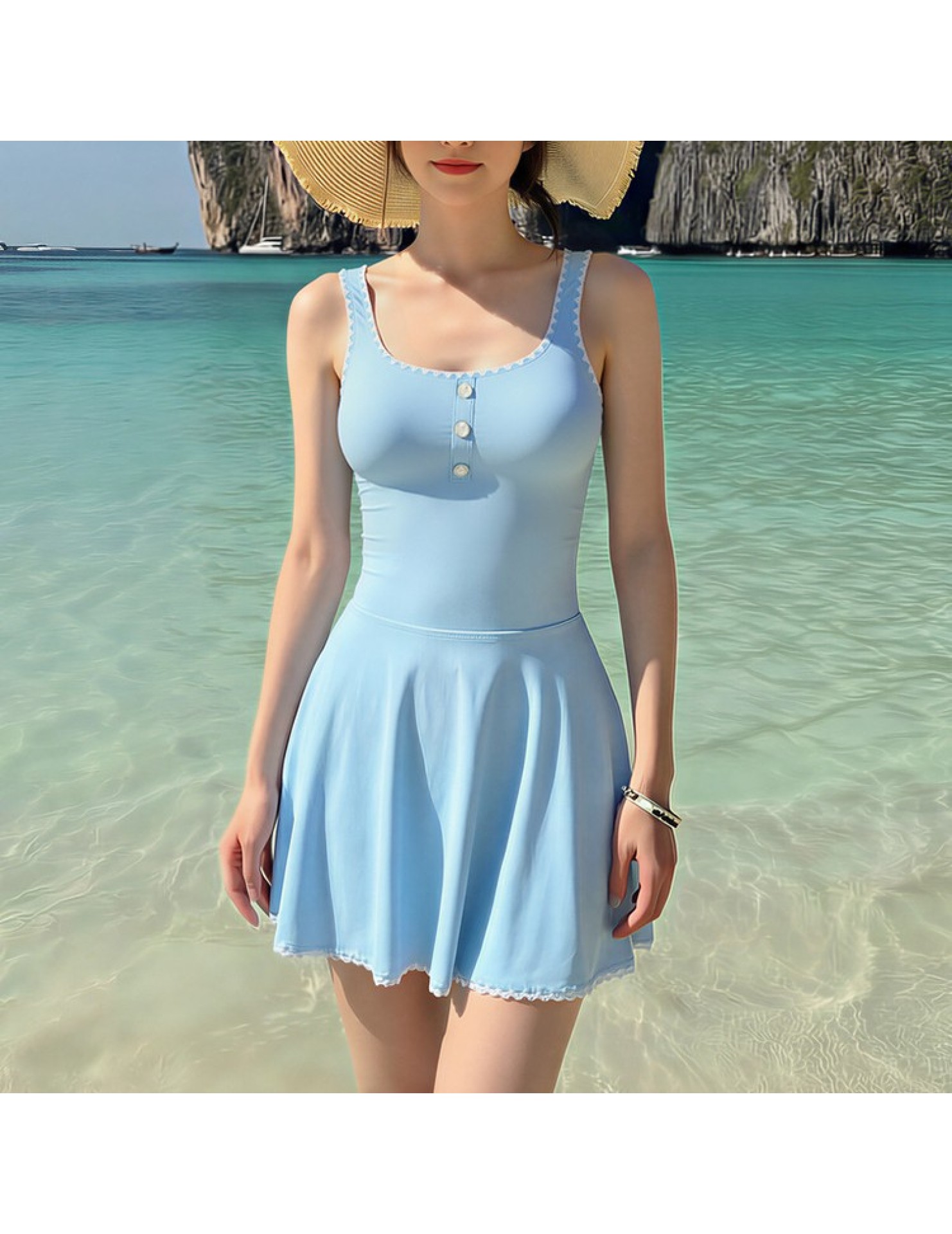 HSPN204100002 法式簡約刺繡鉤邊韓系度假泳衣溫泉沙灘無邊泳池兩件套