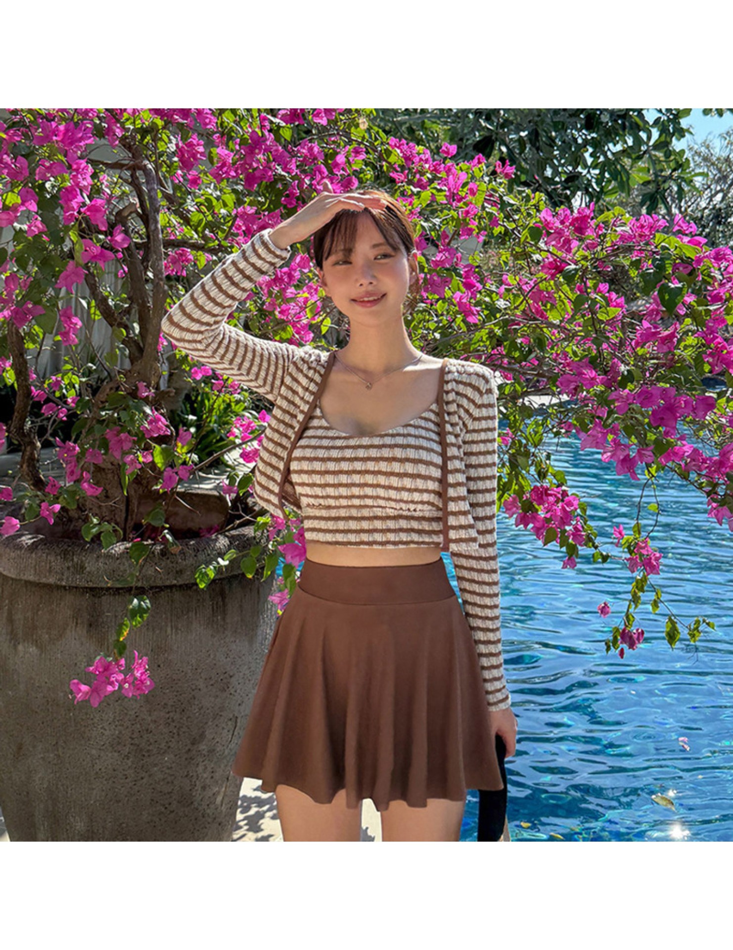 HSPN204100003 韓系簡約條紋吊帶分體短裙泳衣淑女保守遮肉溫泉度假三件套