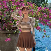 HSPN204100003 韓系簡約條紋吊帶分體短裙泳衣淑女保守遮肉溫泉度假三件套