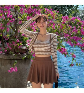 HSPN204100003 韓系簡約條紋吊帶分體短裙泳衣淑女保守遮肉溫泉度假三件套