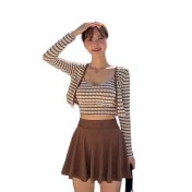HSPN204100003 韓系簡約條紋吊帶分體短裙泳衣淑女保守遮肉溫泉度假三件套