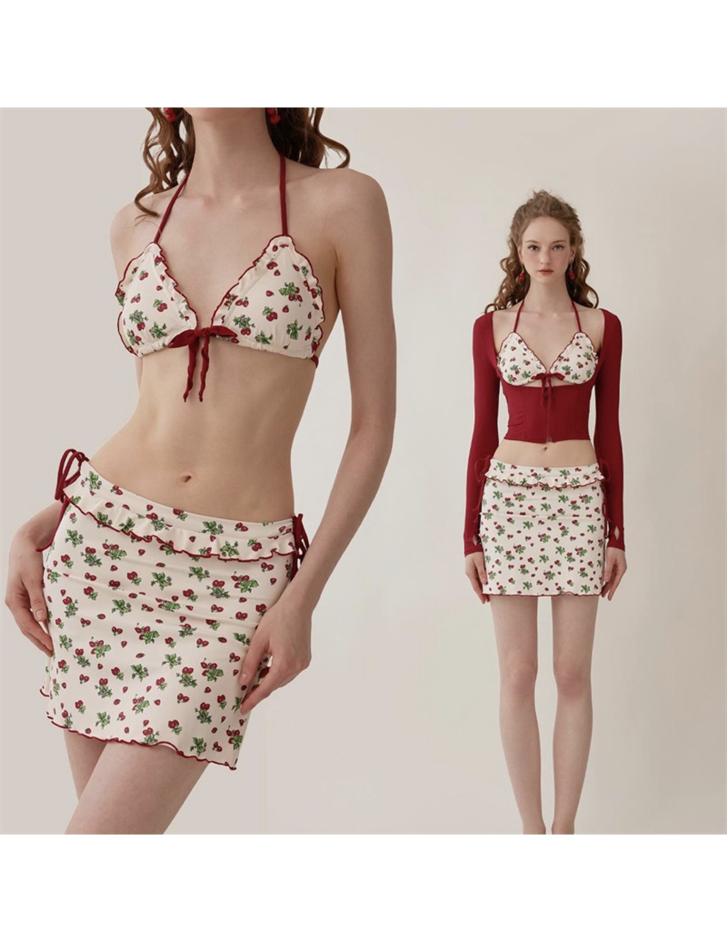 HSPN204100004 濃情草莓ins法式元氣復古顯白比基尼三件套海邊泳池