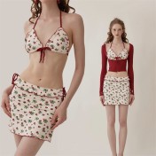 HSPN204100004 濃情草莓ins法式元氣復古顯白比基尼三件套海邊泳池