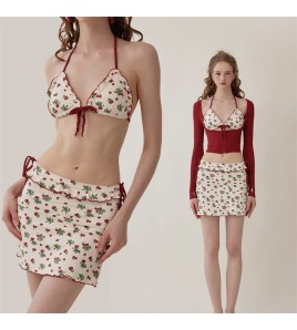 HSPN204100004 濃情草莓ins法式元氣復古顯白比基尼三件套海邊泳池