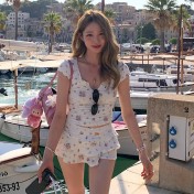 HSPN204100007 貝殼印花正肩V領蛋糕半裙分體泳衣小心機搭配度假溫泉超出片