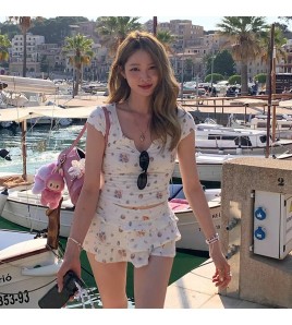 HSPN204100007 貝殼印花正肩V領蛋糕半裙分體泳衣小心機搭配度假溫泉超出片