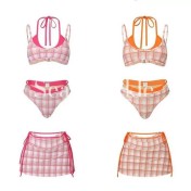 HSPN204100008 復古小眾格紋拼接分體泳衣三件套度假溫泉