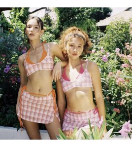 HSPN204100008 復古小眾格紋拼接分體泳衣三件套度假溫泉