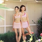 HSPN204100008 復古小眾格紋拼接分體泳衣三件套度假溫泉