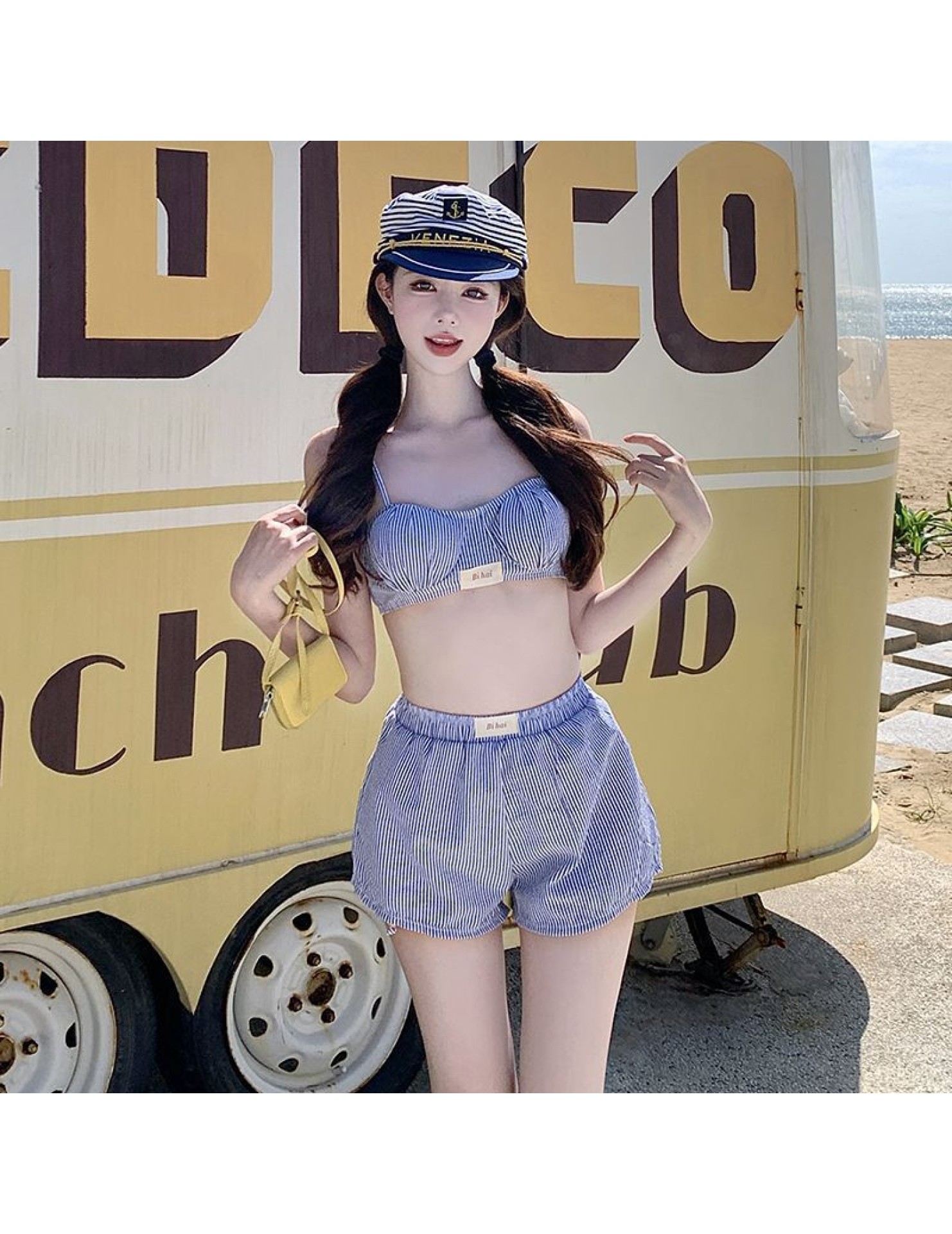 HSPN205100004 甜美少女藍白條可愛小胸保守沙灘褲三件套分體游泳衣女士溫泉度假 