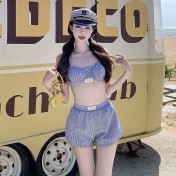 HSPN205100004 甜美少女藍白條可愛小胸保守沙灘褲三件套分體游泳衣女士溫泉度假 