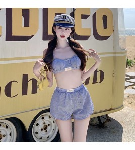 HSPN205100004 甜美少女藍白條可愛小胸保守沙灘褲三件套分體游泳衣女士溫泉度假 
