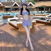 HSPN205100004 甜美少女藍白條可愛小胸保守沙灘褲三件套分體游泳衣女士溫泉度假 