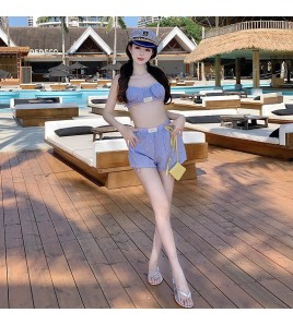 HSPN205100004 甜美少女藍白條可愛小胸保守沙灘褲三件套分體游泳衣女士溫泉度假 