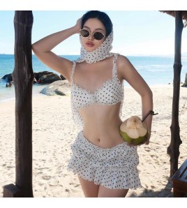HSPN205100005 復古甜心公主波點蛋糕裙四件套度假溫泉顯瘦性感泳衣 