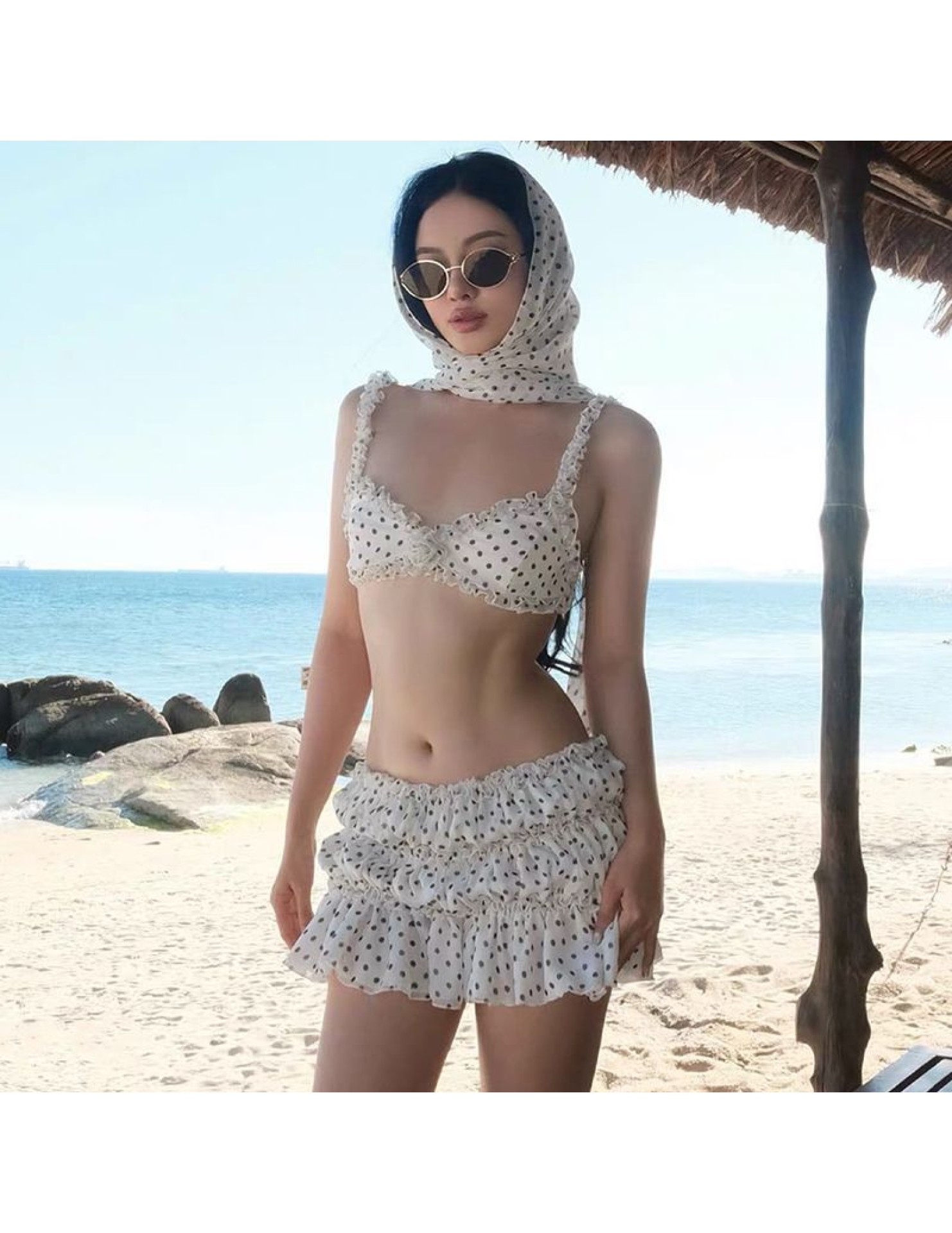 HSPN205100005 復古甜心公主波點蛋糕裙四件套度假溫泉顯瘦性感泳衣 