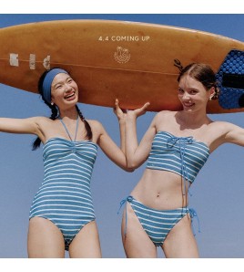 HSPN205100007 復古肌理條紋掛脖抹胸比基尼海邊度假分體