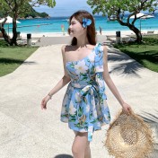 HSPN205B100002 新款藍色小清新碎花海邊度假連體泳衣