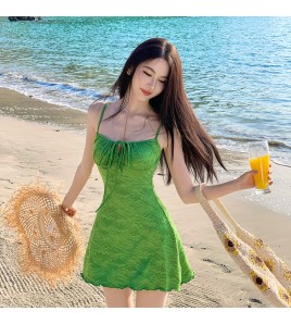 HSPN205B100003 迷霧森林ins復古綠吊帶長裙溫泉泳衣顯白顯瘦森系少女拍照超出片